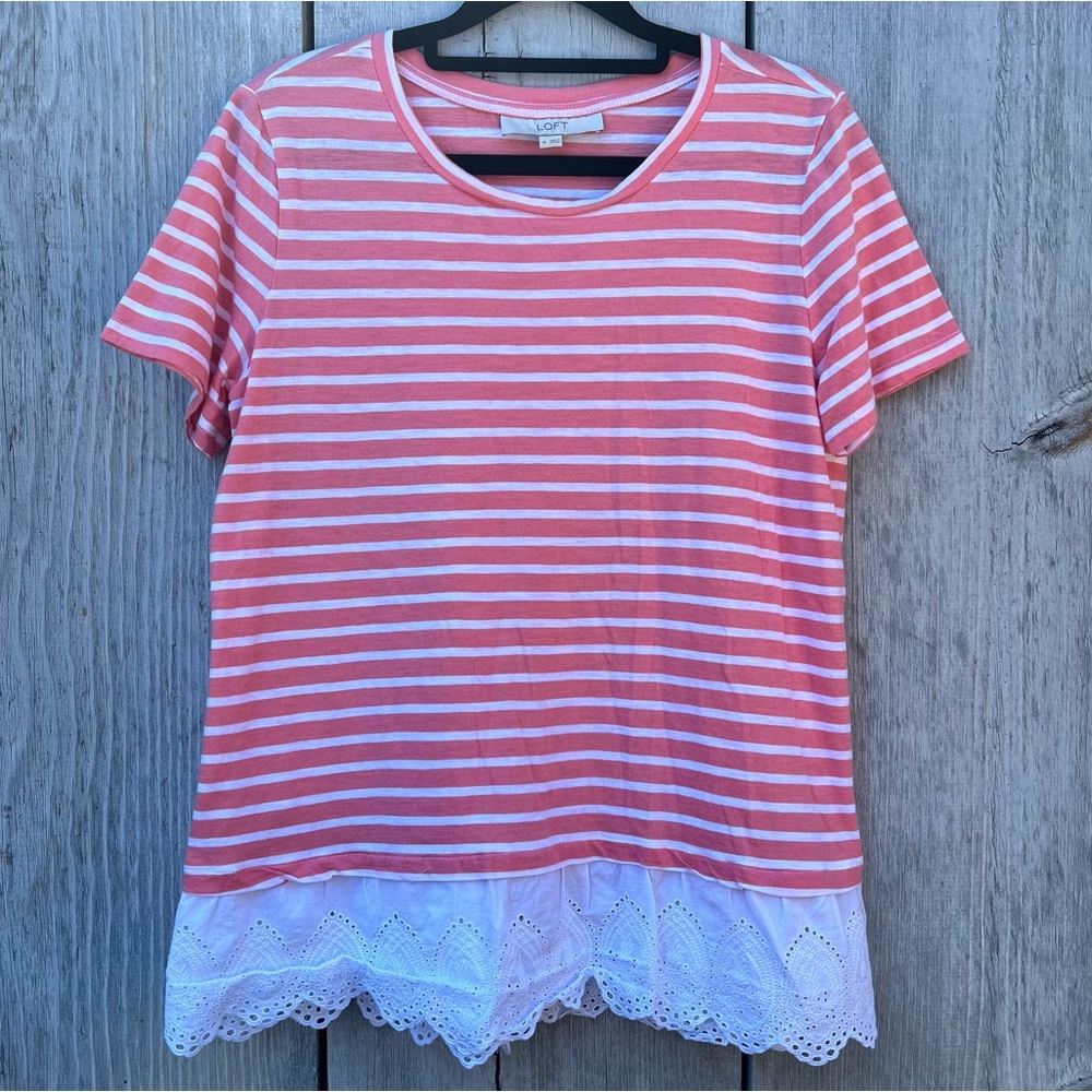 LOFT striped coral mauve white doily lace peplum ruffle hem short sleeve top